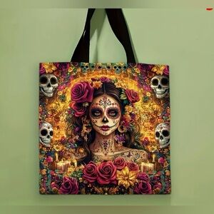 Day of the Dead Skull Girl Floral Print Reusable Shoulder Tote Bag New